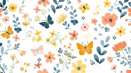 Featuring delicate flowers, leaves, and butterflies, this seamless pattern features pastel-colored flowers, leaves, and butterflies.