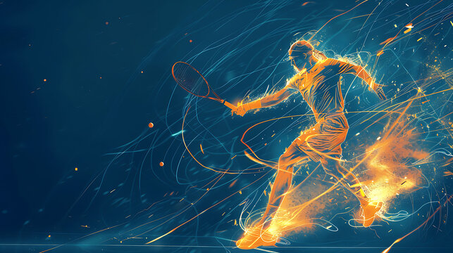 a digital artwork of a tennis player in mid-action, poised to strike a tennis ball with their racket