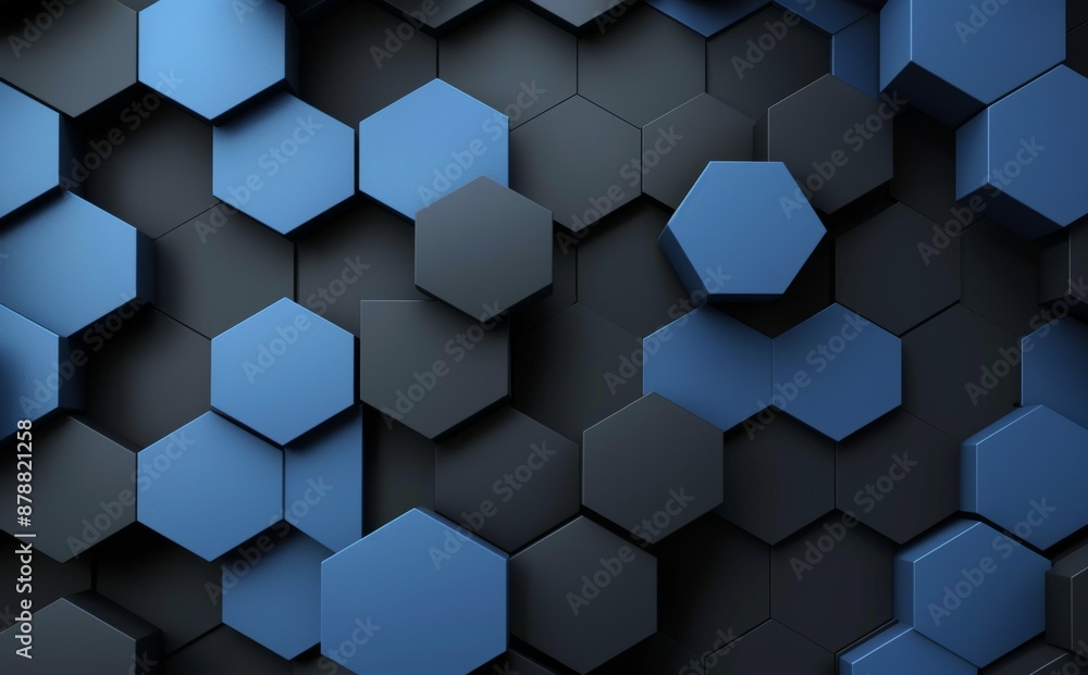 Poster a 3d rendering of a black and blue hexagon pattern background