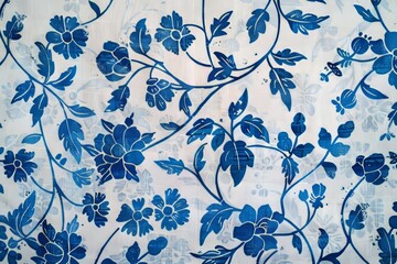 White cotton tablecloth with blue ornate floral pattern.