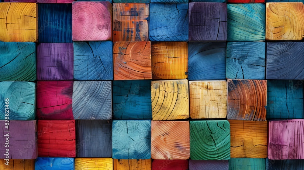 Aufkleber the background is a wood aged architecture texture with abstract block stacks on the wall, a colorfu