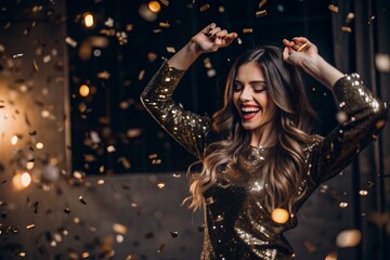 A party. A beautiful, happy girl in a stylish festive dress surrounded by gold confetti and sequins. The concept of celebrating a birthday and a happy new year. Close-up.