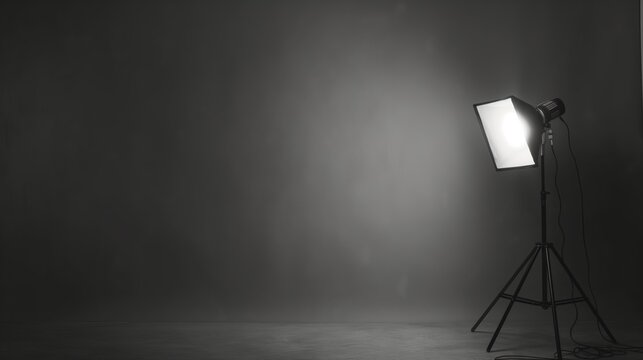 Grey photo background and professional lighting equipment in studio. Space for text