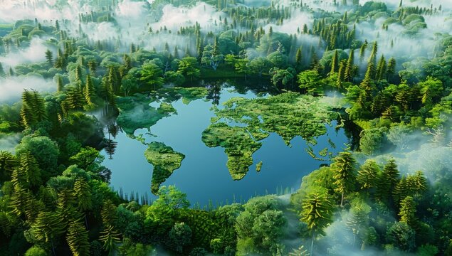 A lake in the shape of the world's continents in the middle of untouched nature. A metaphor for ecological travel, conservation, climate change, global warming and the fragility of nature.3d rendering