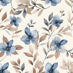 An elegant seamless pattern in soft blues and beiges with flowers and leaves