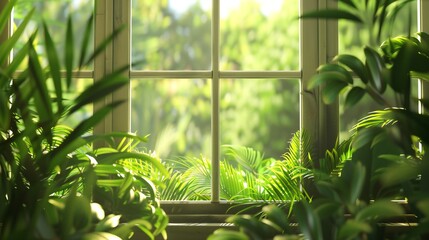 Obraz premium Peer through the window into the jungle's embrace: lush foliage dances in the breeze, a verdant tapestry framed by the cozy sanctuary of home.