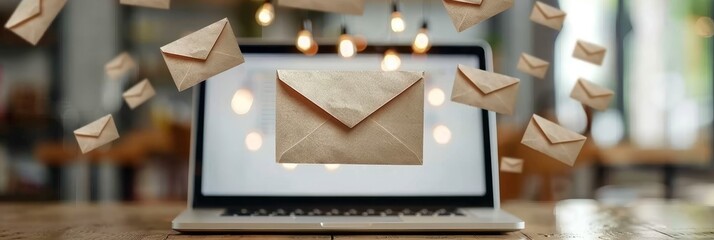 Laptop screen displays open email surrounded by swirling vortex of translucent envelopes