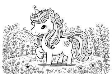 Fototapeta premium a cute unicorn with flowing mane and tail, standing in a meadow of flowers. Black and white line art, simple, easy to color. 