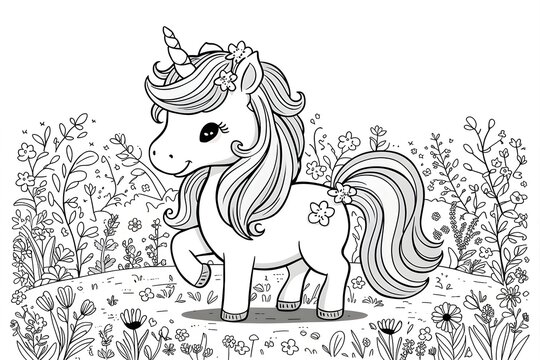 a cute unicorn with flowing mane and tail, standing in a meadow of flowers. Black and white line art, simple, easy to color. 