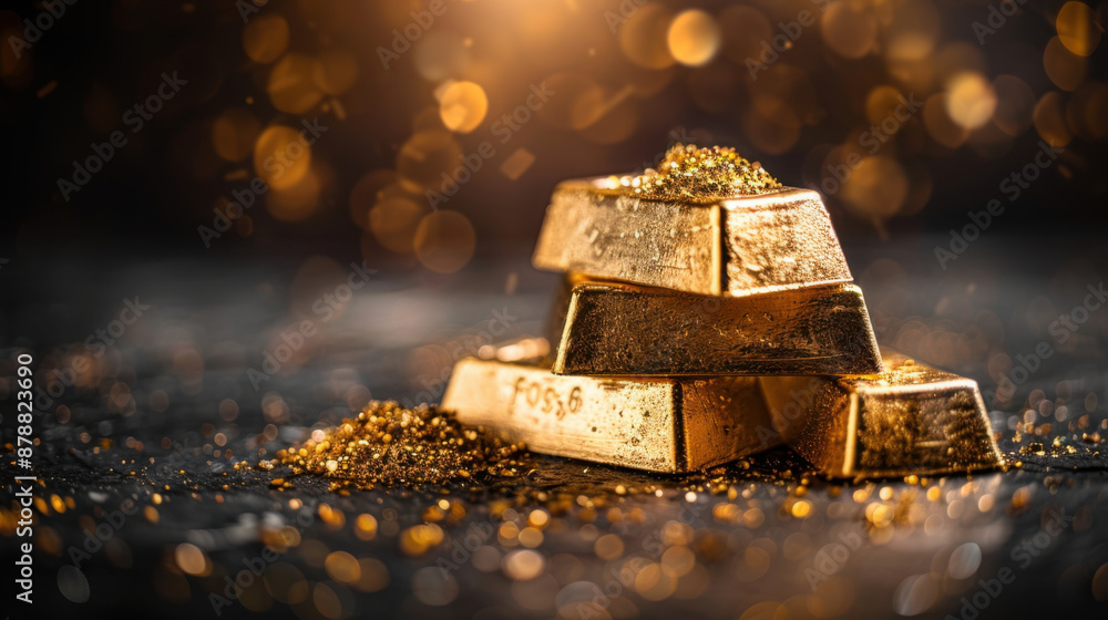 Poster a close-up of a stack of gold bars, surrounded by shimmering golden particles, representing wealth a