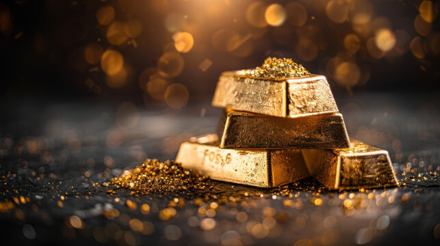 A close-up of a stack of gold bars, surrounded by shimmering golden particles, representing wealth and investment.