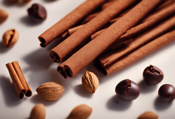 Cinnamon sticks, nuts and chocolate