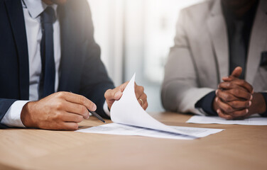 Pen, contract and hands of business people with signature in office for b2b deal, planning or documents. Paperwork, agreement and partnership with financial advisor, client or sign up application