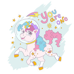 Cute unicorn cosmonaut card vector illustration