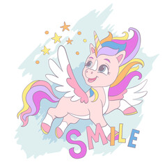 Cute flying unicorn square card vector illustration