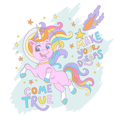 Cute cosmic unicorn card vector illustration