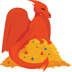 Red dragon protecting a pile of gold coins and gems, fantasy creature, wealth and riches concept © nsit0108