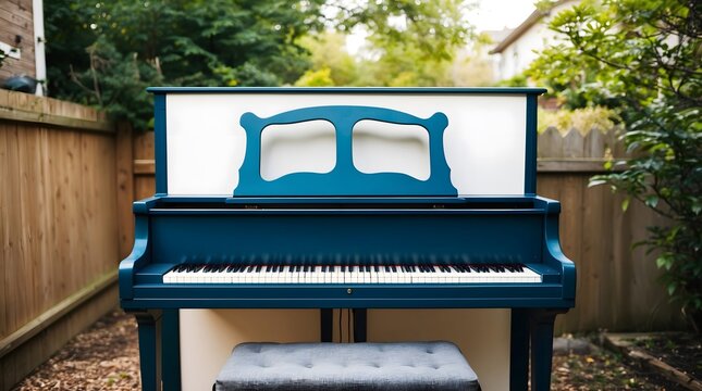 Concept photo of a blue piano in backyard