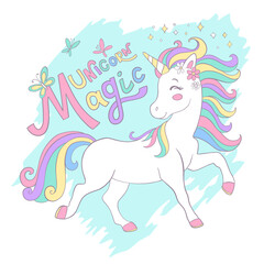 Fototapeta premium Cute magic unicorn square postcard vector illustration
