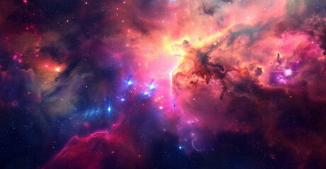 A colorful nebula in deep space with stars and galaxies