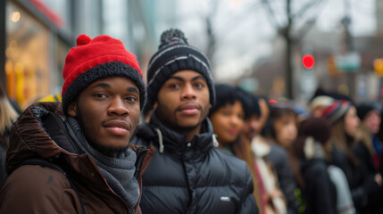Two friends in warm winter clothing stand outdoors, facing the camera, with a blurred crowd and city background.