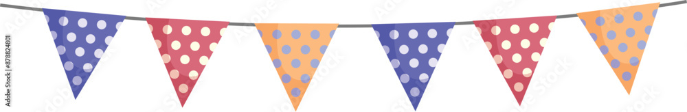 Poster string of colorful triangle flags is hanging on a line, creating a festive atmosphere for a celebrat