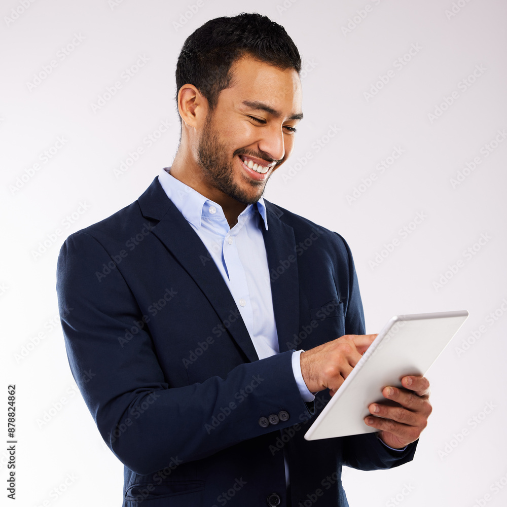 Poster business, man and happy with tablet in studio on white background on email for good news. isolated, 