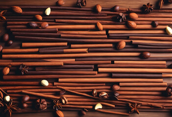 Naklejka premium Cinnamon sticks, nuts and chocolate