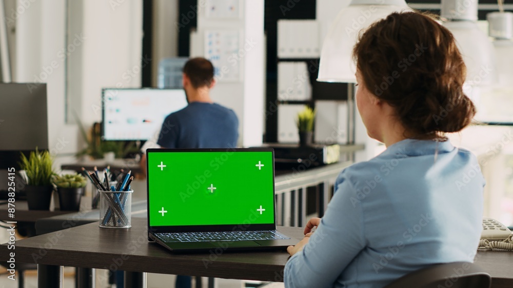 Poster team leader analyzes greenscreen display on laptop, working on business operations in open floor pla