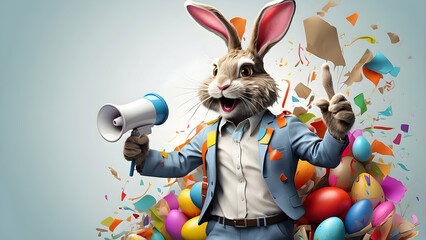 Easter bunny with megaphone against confetti