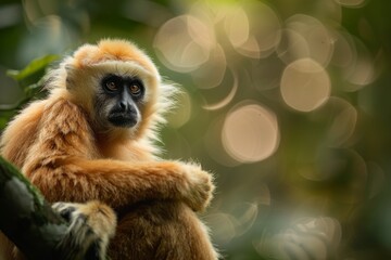 Fototapeta premium Full body view of Javan Gibbon in natural habitat, full body shot, full body View
