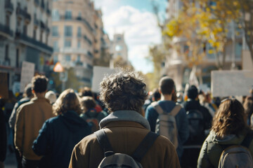 A bustling crowd gathers for a protest in an urban setting, with diverse individuals holding signs and wearing winter clothing, highlighting unity and social activism. Generative Ai