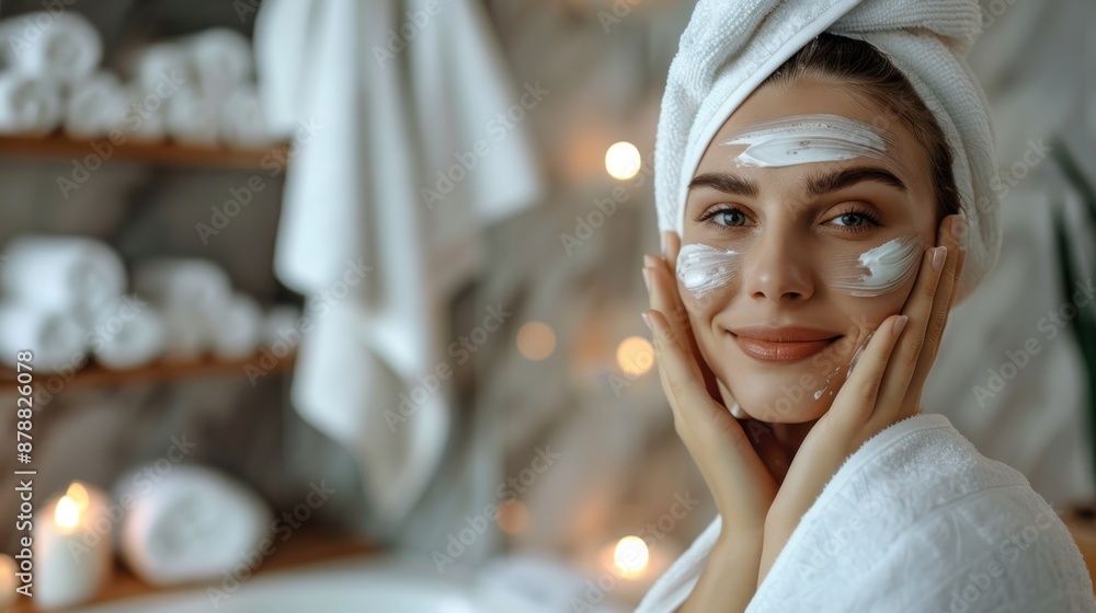 Wall mural A woman is smiling and wearing a white towel