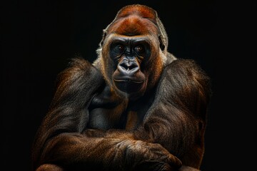 Mystic portrait of Cross River Gorilla, full body view, isolated on black background