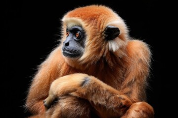 Mystic portrait of Eastern Crested Gibbon, full body view, isolated on black background
