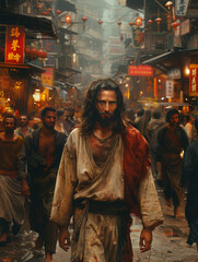 Fototapeta premium Jesus is walking down a crowded street with people around him.