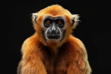 Fototapeta premium Mystic portrait of Eastern Crested Gibbon, full body view, isolated on black background