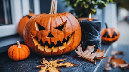 Menacing jack o lantern on porch with flickering candle for spooky halloween ambiance