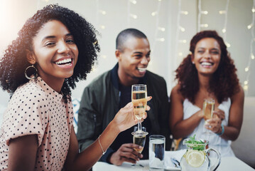 Friends, champagne and woman at party with celebration and event from engagement announcement. Alcohol, glasses and smile with congratulations, reunion and holiday drinks in home with achievement