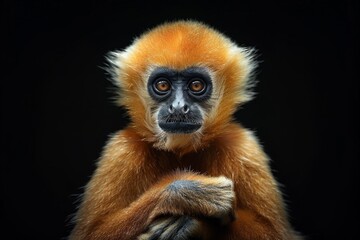 Fototapeta premium Mystic portrait of Northern White-cheeked Gibbon, full body view, isolated on black background