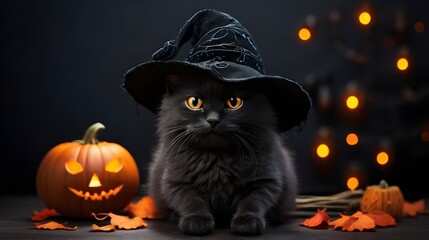 Cute black cat with a witch's hat next to a Halloween Jack o lantern pumpkin Dark Halloween background Generative ai