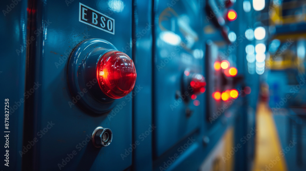 Poster close-up of a red emergency stop button on a blue industrial control panel, illuminated with lights 