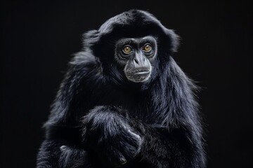 Fototapeta premium Mystic portrait of Siamang, full body view, isolated on black background