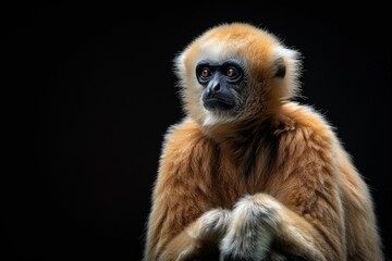 Obraz premium Mystic portrait of Southern Yellow-cheeked Gibbon, full body view, isolated on black background