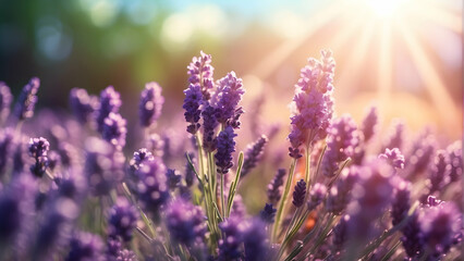 Naklejka premium Lavender field bathed in sunlight