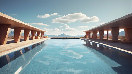 Luxurious desert pool under wooden architecture