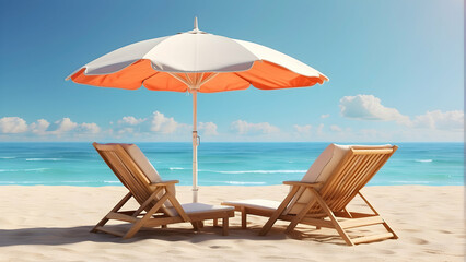 Realistic beach scene with two sun loungers