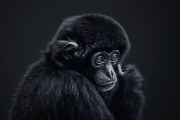 Obraz premium the beside view Black Crested Gibbon, left side view, isolated on black background
