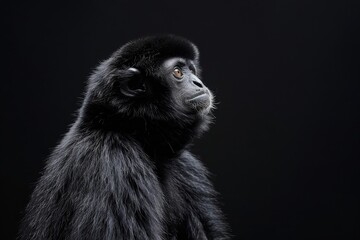 Fototapeta premium the beside view Black Crested Gibbon, left side view, isolated on black background