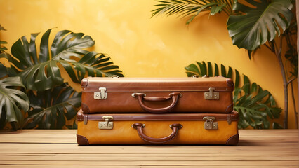 Vintage suitcases stacking on wood floor